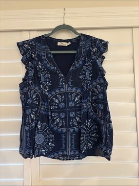 Vineyard Vines Navy Blue Printed V-Neck Ruffle Sleeve Top